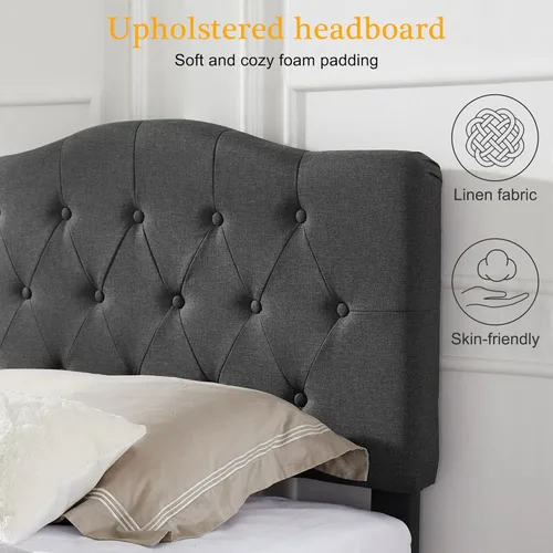 Miniatura 6 de VECELO Armazón de Cama Tamaño Individual Plataforma Tapizada con Cabecera Ajustable Acolchada/Base de Colchón con Soporte de Listones de Madera, Gris