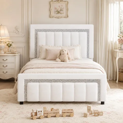 Miniatura 15 de HOMBCK Marcos de Cama Individual, Marco de Cama Tamaño Individual con Cabecera y Pie de Cama de Diseño de Terciopelo Diamante, Marco de Cama