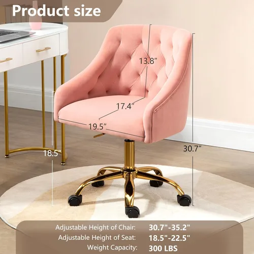 Miniatura 2 de Silla de Oficina para el Hogar, Silla Giratoria de Terciopelo Ajustable de Acento/Tocador con Brazos y Ribete de Tachuelas para Dormitorio, para Rosa
