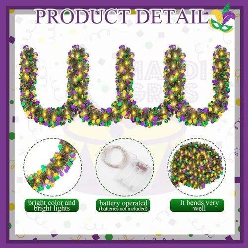 Miniatura 4 de Guirnalda de oropel de Mardi Gras de 20 pies/19.7 ft con luces LED, guirnalda metálica de oropel con pilas, guirnalda colgante de lámina colorida