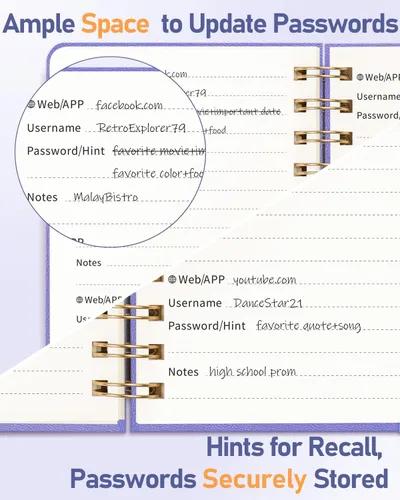 Miniatura 17 de WEMATE Libro de contraseñas con pestañas alfabéticas, libro en espiral para personas mayores, cuaderno de contraseñas de Internet, diario