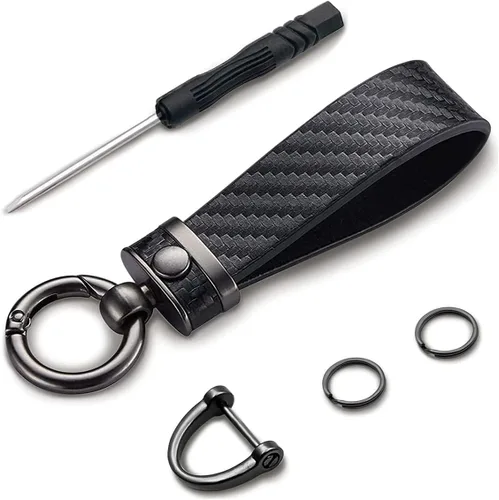 Kewucn Llavero de coche de estilo fibra de carbono, llavero de cuero de microfibra, llavero con anillo en D antipérdida giratorio de 360 grados Negro