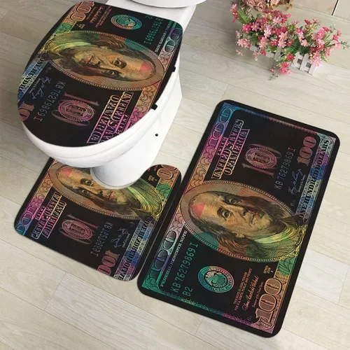 Miniatura 12 de GUBIYU Juego de alfombras de baño de 100 dólares, color negro y dorado, juego de alfombras de baño con dinero, tapete de baño antideslizante