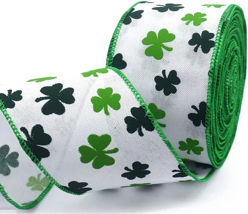 Miniatura 6 de Hying Cintas del día de San Patricio para envolver regalos, cintas blancas de arpillera con borde con alambre, adornos de trébol irlandés para lazos