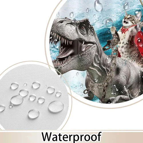 Miniatura 2 de Divertida Cortina de Ducha de Gato, Cortina de Ducha de Gato Genial con Dinosaurio y Ola Oceánica Japonesa, Cortina de Ducha Divertida de Gato