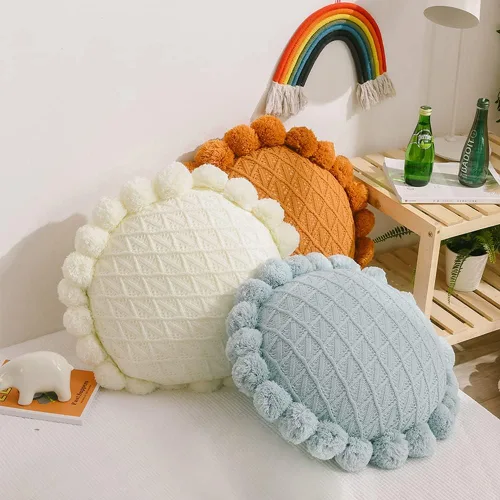 Miniatura 5 de vctops Lindos pompones de punto almohadas con inserto geométrico, cojín redondo suave para sofá cama (azul, diámetro de 20 pulgadas)