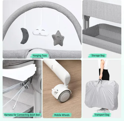 Miniatura 7 de Cowiewie - Cuna para bebé junto a la cama con cesta de almacenamiento, ruedas y juguetes colgantes, cuna portátil plegable fácil con ruedas, cunas