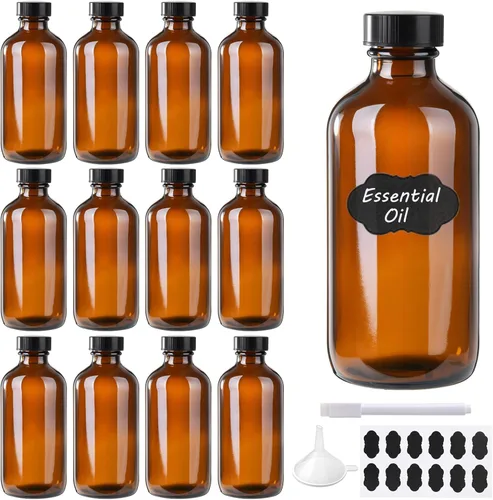 Paquete de 12 botellas Boston de vidrio ámbar de 8 oz con tapa de poli negro, embudo, etiquetas de tiza, bolígrafo, botellas dispensadoras para