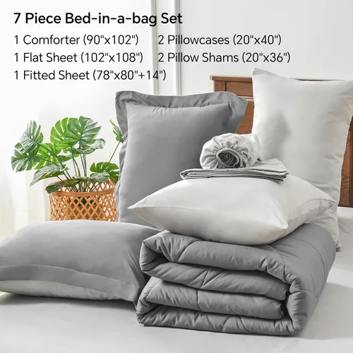 Miniatura 5 de BEDELITE Juego de edredón tamaño King de 7 piezas en una bolsa, juego de cama reversible de microfibra suave gris con edredones, sábanas, fundas