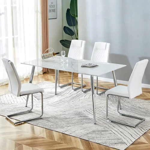Miniatura 15 de Juego de mesa de comedor en blanco y negro de 51 pulgadas para 4, mesa de cristal minimalista moderna y 4 sillas tapizadas de piel sintética