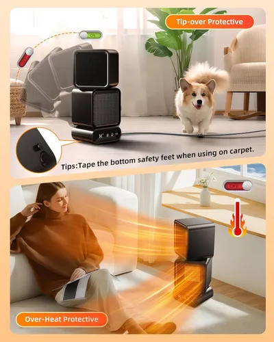 Miniatura 7 de Calentador de espacio de doble cabezal, calentadores eléctricos portátiles para uso en interiores con termostato y control remoto, oscilación