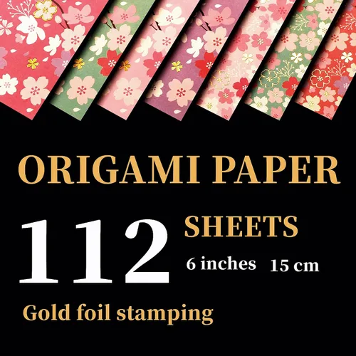Miniatura 9 de 112 hojas de papel de origami más pesado con patrón de flor de cerezo japonés Sakura Bronzing Chiyogami 6" 15cm papel Washi fácil de plegar