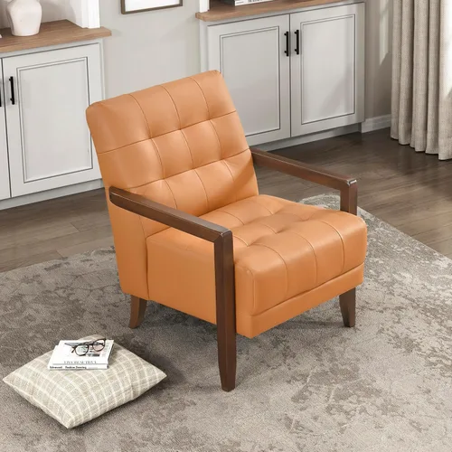 Miniatura 12 de Lexicon Silla decorativa moderna de lujo, silla de sala de estar de cuero genuino con cojines capitonados, estructura de madera maciza