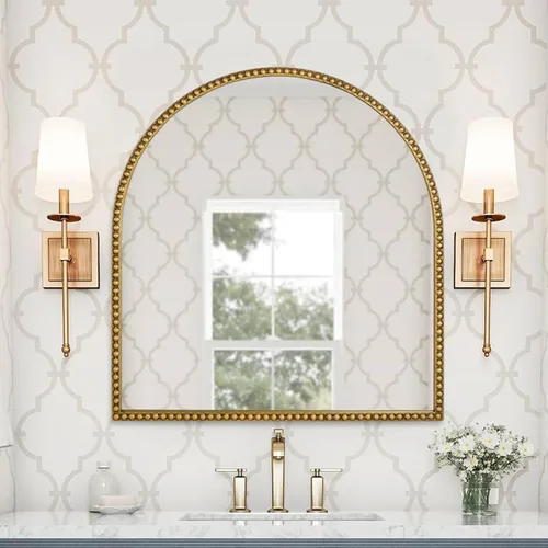 Miniatura 4 de Espejo de baño arqueado de 33 x 31 pulgadas, espejo de pared dorado antiguo, marco de cuentas de metal, espejo de tocador para tocador, sala de Arco