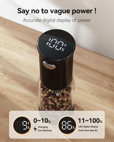 Miniatura 2 de TOMEEM Juego de molinillo eléctrico de sal y pimienta, recargable con indicador de alimentación LED, molienda ajustable de 5 niveles, luz LED, Negro