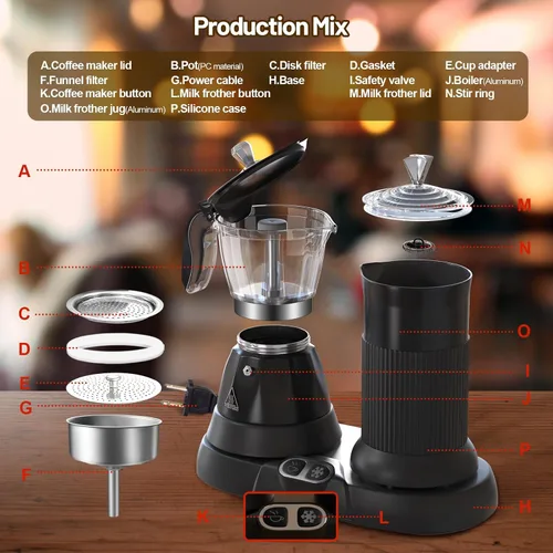 Miniatura 3 de Máquina de Espresso Eléctrica con Espumador de Leche 2 en 1 Eficiente Cafetera Moka de Aluminio con Operación de Un Toque para Cappuccinos, Café