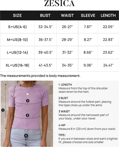 Miniatura 6 de ZESICA Camiseta de manga corta con cuello redondo y punto acanalado para mujer, ajustada, camiseta básica de verano 2023 de color sólido