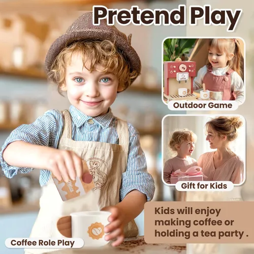 Miniatura 7 de BUYGER Cafetera de juguete para niños, juego de café de madera, juego de juegos de simulación, accesorios de cocina, regalos para niños de 3, 4 y 5