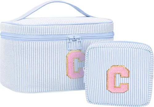 Miniatura 9 de Juego de bolsas de maquillaje con iniciales para niñas y mujeres, bolsa de cosméticos con monograma con soporte para cepillos, estuche de maquillaje