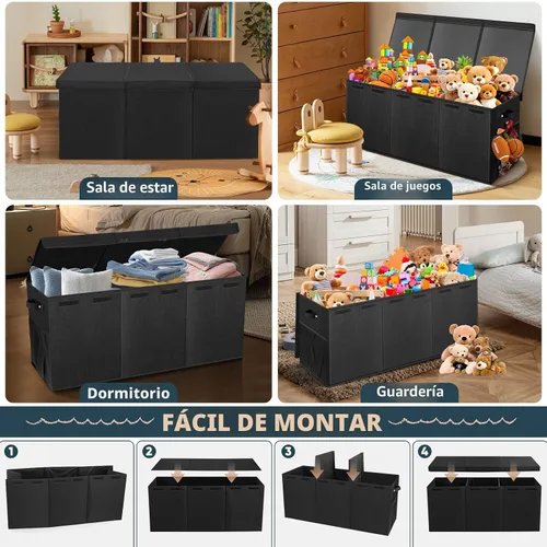 Miniatura 6 de Caja de juguetes extragrande con tapas, organizador de almacenamiento plegable y resistente para niños, cesta grande con divisores para niños y Negro