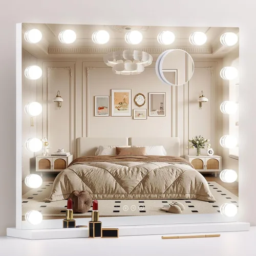 Miniatura 16 de Espejo de tocador con luces, espejo de maquillaje iluminado con bombillas LED regulables, 3 modos de iluminación de color, puerto de carga USB, Negro