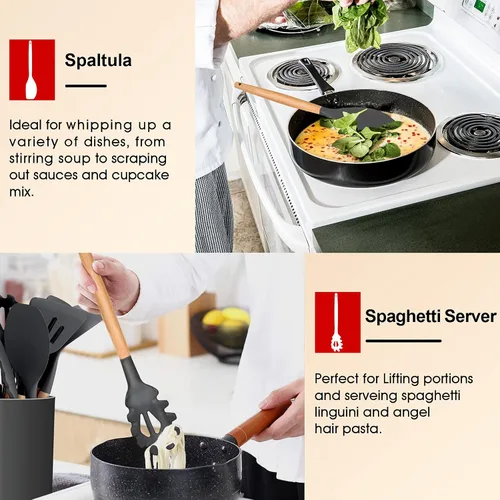 Miniatura 6 de E-far Juego de 6 utensilios de cocina de silicona con mango de madera, utensilios de cocina antiadherentes y resistentes al calor, incluye Gris
