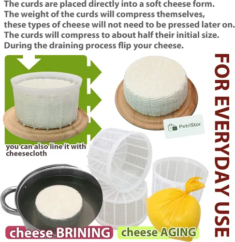 Miniatura 6 de PetriStor Molde de queso suave para queso, 3 piezas, 1.25 cuartos de galón, molde de queso mediano, suministros caseros para hacer queso, molde
