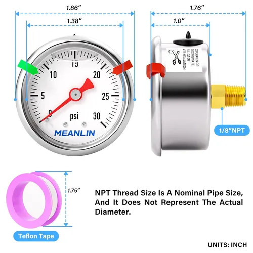 Miniatura 2 de MEANLIN MEASURE - Manómetro de presión de 0~30 psi, relleno de glicerina, esfera con cara de 1.5 pulgadas, NPT de 1/8 de pulgada, manómetro de acero