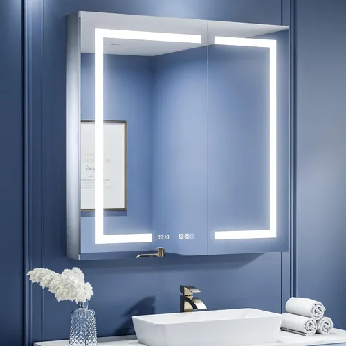 Miniatura 11 de ExBrite Botiquín de baño con iluminación LED con espejo, 24 x 30 pulgadas, empotrado o montaje en superficie, antivaho, atenuación continua, ajuste