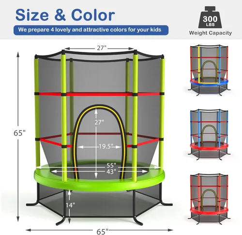 Miniatura 7 de Giantex - Trampolín infantil de 55”, con red de seguridad y almohadilla de resorte, marco de acero resistente con cremallera integrada, Verde