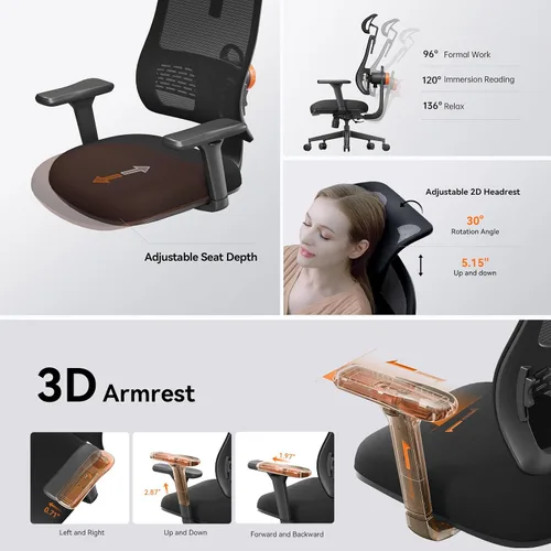 Miniatura 5 de Newtral Silla de oficina ergonómica con soporte lumbar adaptable, silla de escritorio con respaldo alto con reposacabezas ajustable, reposabrazos