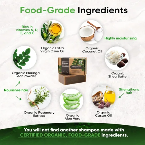 Miniatura 3 de Barra de champú orgánica certificada para cabello seco a normal, romero y moringa, aloe y aceite de oliva virgen extra para nutrición, ingredientes