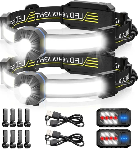 Linterna frontal LED, 1000 lúmenes, 230° de haz ancho, linterna frontal recargable por USB con luz trasera roja, luz de diadema ligera e impermeable
