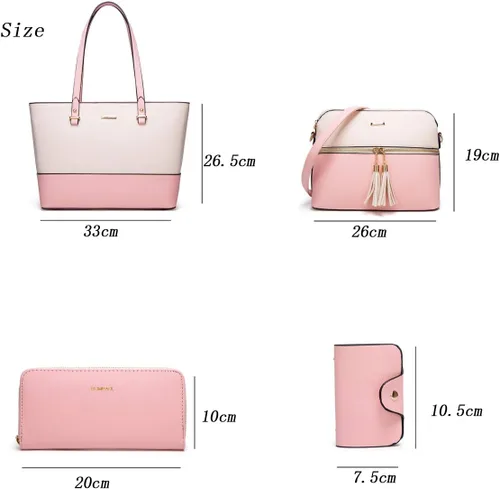 Miniatura 6 de Juego de 4 bolsas modernos para mujer de cuero sintético: bolso tote, bolso de hombro, bolso de mano y cartera.