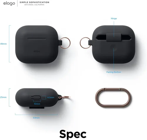 Miniatura 9 de elago Funda de silicona compatible con AirPods de tercera generación, compatible con AirPods 3, mosquetón incluido, soporta carga inalámbrica, Negro