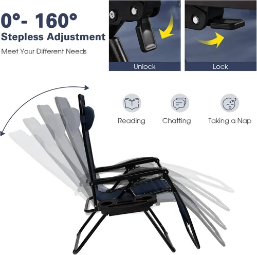 Miniatura 4 de Goplus Sillas de salón Zero Gravity, reclinables plegables ajustables en 160° con almohada y soporte para tazas, cómodas sillas de descanso de 350