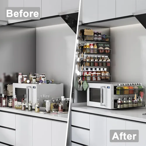 Miniatura 5 de Estante magnético para especias Aufworld para refrigerador, paquete de 6 estantes magnéticos, organizador de imanes para nevera con 12 ganchos