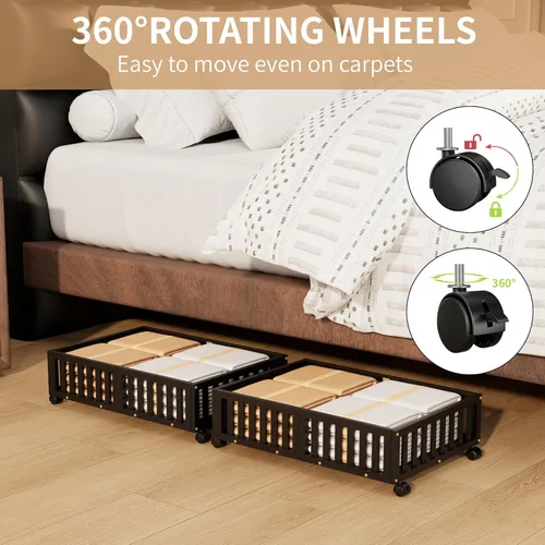 Miniatura 7 de Almacenamiento de bambú debajo de la cama con ruedas, caja organizadora de zapatos rodante debajo de la cama para zapatos, mantas, juguetes
