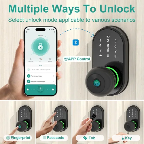 Miniatura 3 de Cerradura inteligente para puerta de entrada sin llave con perilla, cerradura de puerta con teclado y huella dactilar con mango, código electrónico