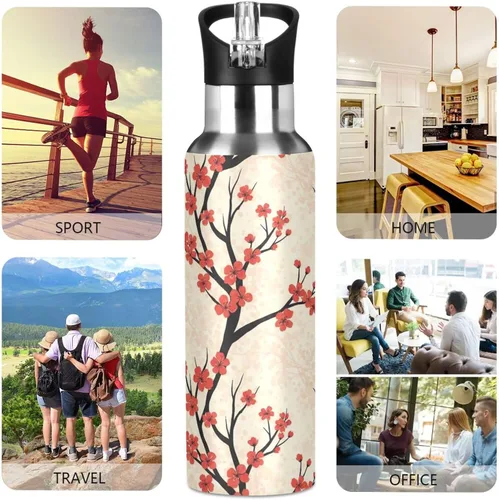Miniatura 5 de Insulated Water Bottle 20 Oz, BPA-Free Sport Water Bottle for Gym Outdoor Travel School, Red Cherry Blossoms Dots