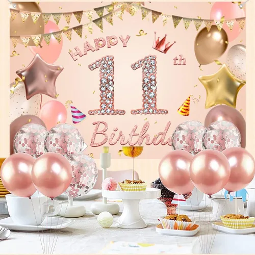 Miniatura 5 de Cartel de tela para decoración de cumpleaños número 11 para niñas de 11 años, cartel de tela para fiesta de cumpleaños de niña, fondo de foto rosa