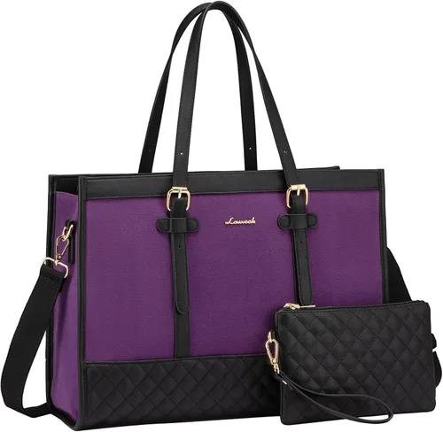 Miniatura 31 de LOVEVOOK Bolsa para Laptop para Mujeres de 15.6 pulgadas Bolsa Tote de Lona para Laptop, Bolsa de Trabajo de Gran Capacidad con Cartera de Mano