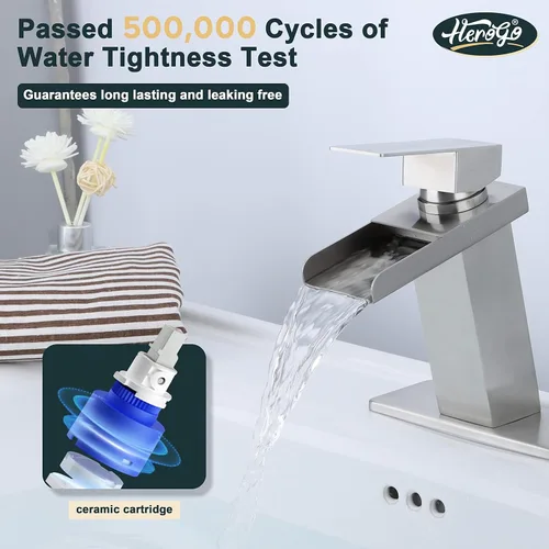 Miniatura 6 de Herogo Grifo de baño en cascada, grifos de baño de níquel cepillado para fregadero de 1 o 3 agujeros con drenaje desplegable, grifo mezclador