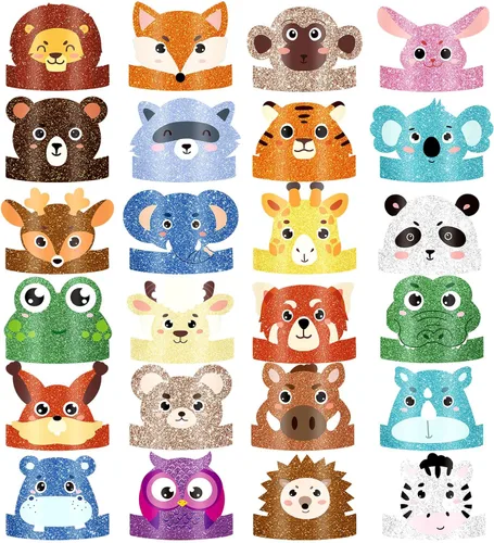24 piezas de sombreros de fiesta de cumpleaños de animales, diademas de animales, corona de papel de fiesta de animales de la selva para niñas y