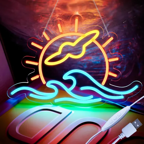Letrero de neón Sunset Seabird para decoración de pared, letrero de onda de neón con luz LED, letreros LED para pared de dormitorio, letreros de