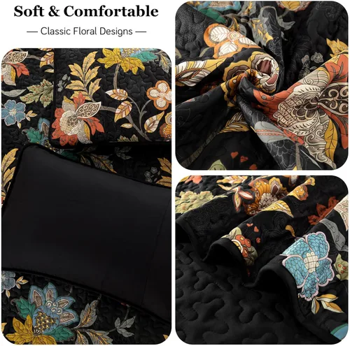 Miniatura 6 de WONGS BEDDING Juego de colcha tamaño Queen, juego de ropa de cama con estampado botánico negro, 3 piezas, colcha floral con 2 fundas de almohada