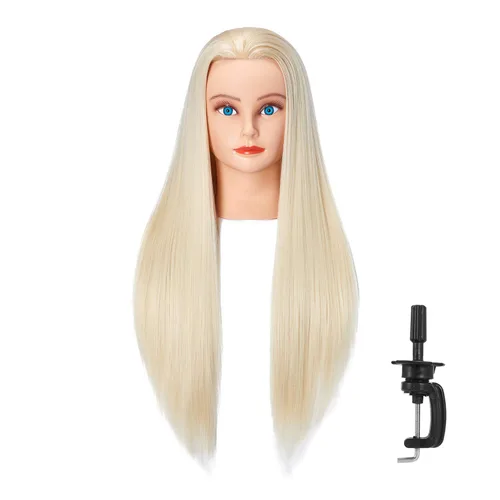 Miniatura 7 de 26-28" Cabeza de maniquí con cabello de fibra sintética Yaki para estilizar, cabeza de muñeca para entrenamiento de cosmetología, cabeza de maniquí