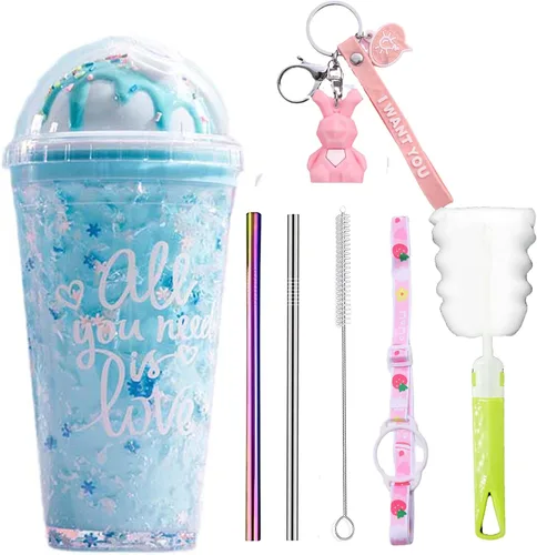 Vaso de viaje de helado con popote para niña, taza para congelar, taza helada, regalo de fiesta de cumpleaños para picnic (azul helado, 15.2 fl oz)