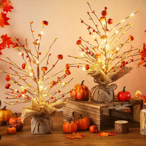 Miniatura 2 de Ganeen 2 piezas de decoración de mesa de árbol de otoño iluminado de Acción de Gracias LED de 18 pulgadas, mini centro de mesa de otoño, calabaza