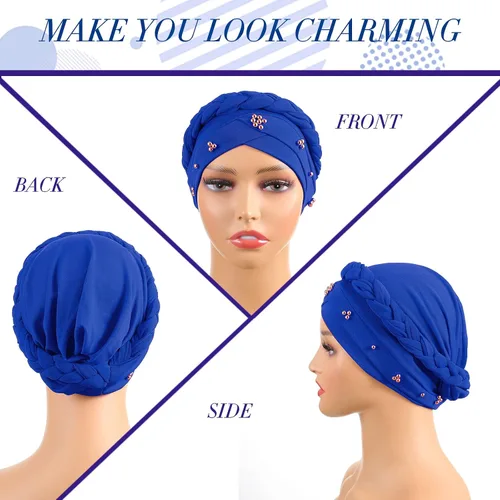 Miniatura 2 de 6 piezas de turbante africano para mujer, gorras trenzadas con cuentas elásticas